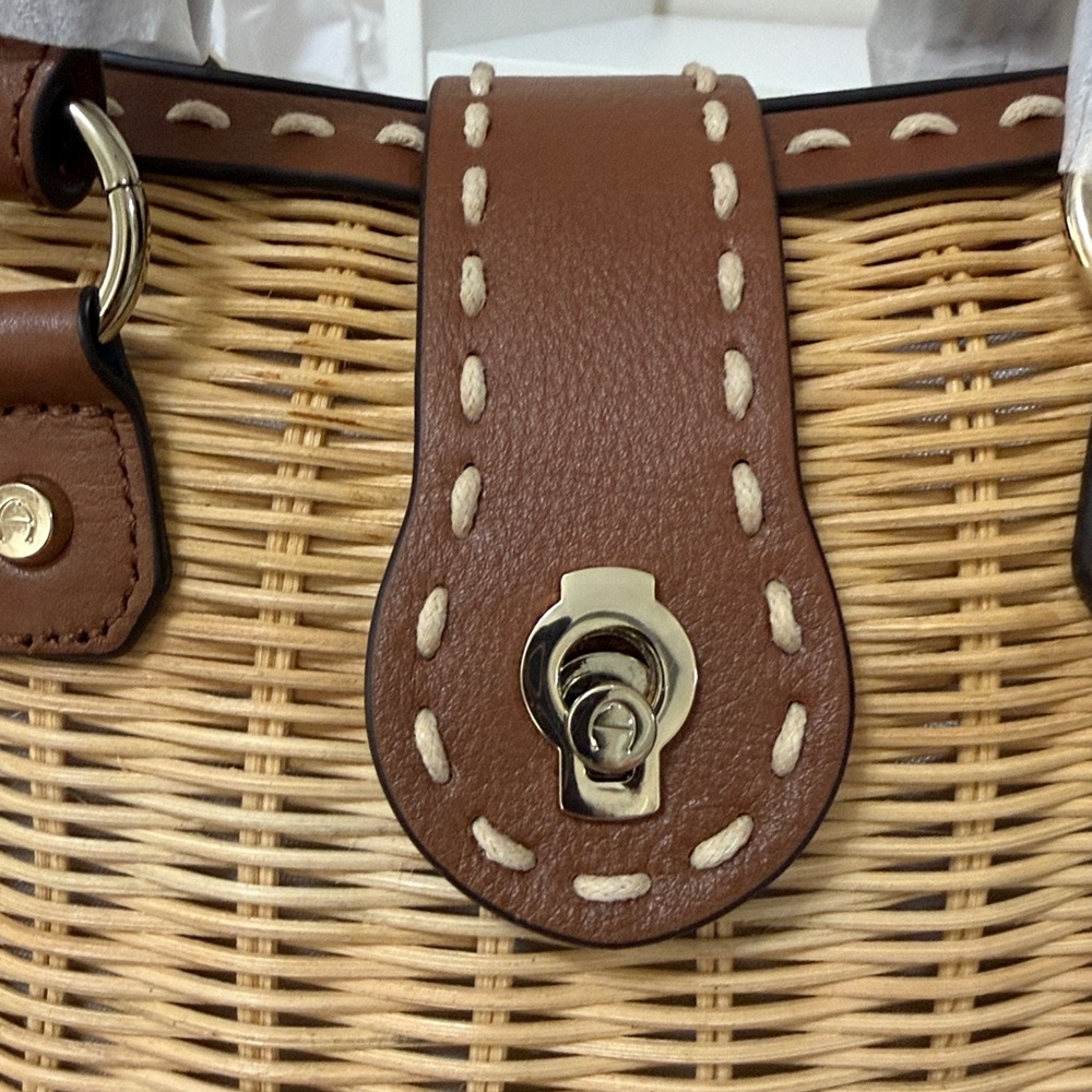 Etienne Aigner Woven Rattan Satchel Handbag in Tan and Brown - Picture 5 of 16